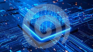 Abstract digital processor with glowing lines and data transfer