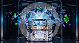 Abstract Digital Quantum Network, Futuristic Data Processing Machine, AI Technology Concept