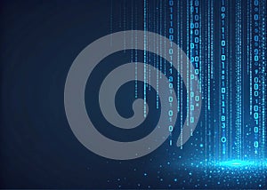 Abstract digital rain of binary code cascading down a dark blue background