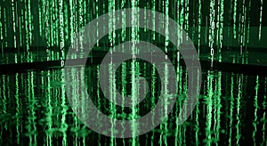 Green Matrix Binary Code Falling into Water Reflection, Abstract Futuristic Technology Concept