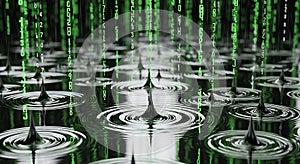 Abstract digital rain of binary code falling into dark water creating ripples
