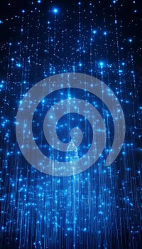 Abstract Digital Rain of Binary Code with Glowing Blue Particles, Representing Data Flow and Network