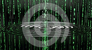 Digital Rain Effect Binary Code Falling into Rippling Water on Dark Background