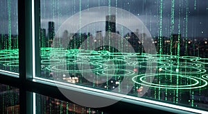 Abstract Digital Rain on Futuristic Cityscape Background with Binary Code