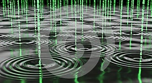 Digital Rain Effect Green Binary Code Falling into Rippling Water