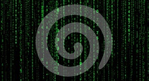 Abstract digital rain of green binary code cascading down a dark futuristic background
