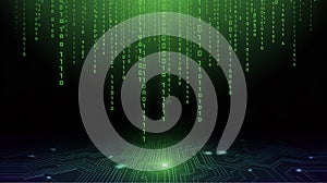 Abstract digital rain of green binary code over a dark circuit board pattern data