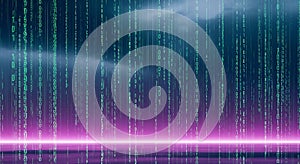 Abstract Digital Rain Matrix Background with Glowing Binary Code and Reflection