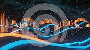 Abstract digital render of glowing financial data visualization and growth analysis