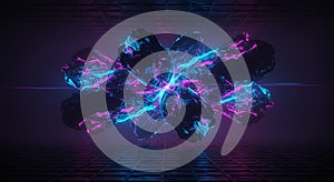 Neon geometric core explosion on dark grid