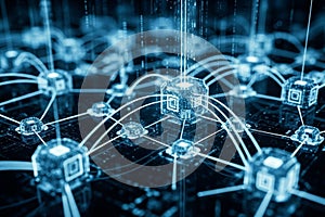 Abstract digital rendering of interconnected blocks, resembling a blockchain network. generative ai