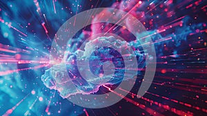 An abstract, digital representation of cloud computing, with data processing and artificial intelligence operations