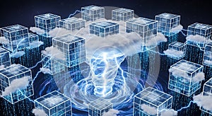 Abstract Digital Cloud Computing With Lightning Storm And Cubes