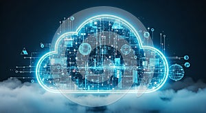 Digital Cloud Computing Concept with Glowing Blue Circuits and Data Streams technology network