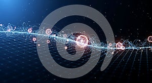 Abstract glowing network of data points and spheres on a digital grid, technological background