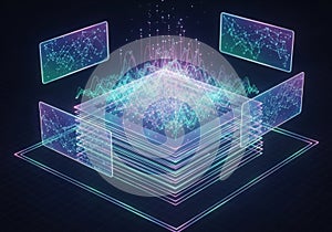 Abstract futuristic data visualization with network connections and waveforms