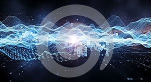 Abstract Digital Waveform Data Visualization Blue Glowing Lines on Dark Background