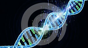Digital DNA Helix with Binary Code and Glowing Particles, Future of Science and Genetics