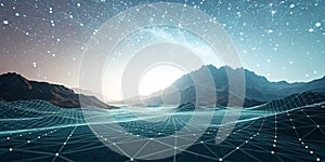 Abstract digital retro landscape wireframe with particles