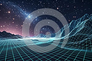 Abstract digital retro landscape wireframe with particles