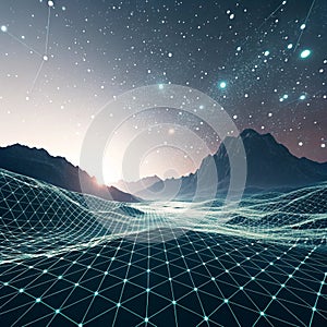Abstract digital retro landscape wireframe with particles