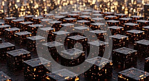 Abstract Digital Grid of Glowing Orange Cubes with a Blurred Cityscape Background technology