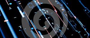abstract digital sci fi techno circuit node with depth of field effect. Dots, lines and geometry shapes.