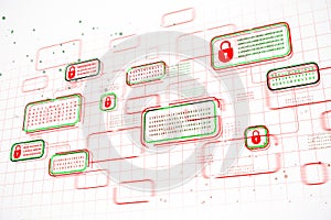Abstract digital security concept with binary code and padlock icons. 3D Rendering