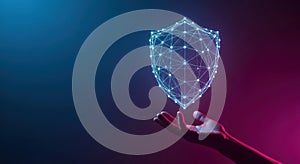 Abstract digital shield protecting data and network on a dark neon background