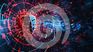 Abstract digital shield with red and blue glow, representing cybersecurity or data protection