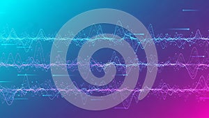 Abstract digital sound wave visualization with glowing particles and gradient background Keywords: sound wave, audio