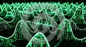 Abstract digital sound wave visualization with green glowing binary code patterns and data
