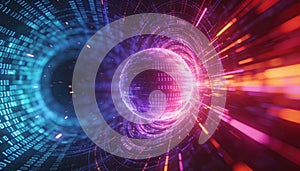 Abstract digital sphere with binary code flowing through a futuristic data tunnel