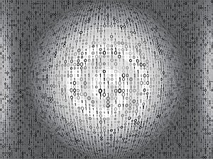 Abstract digital sphere of binary code on a grey background.