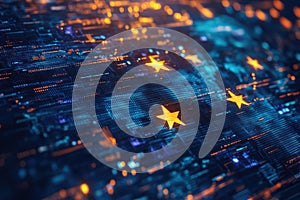 Abstract Digital Stars Network Blue Orange Technology Background Data Code Neon Glow Cyber Space