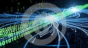 Abstract digital stream of binary code, network connections, data transfer, technology concept