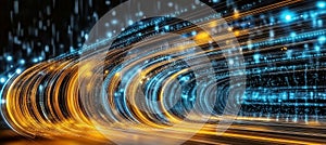 Abstract Digital Stream of Binary Code in a Tunnel, Representing Data Flow in Cyberspace