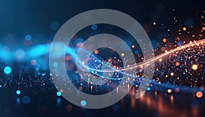 Abstract digital stream of blue and orange glowing particles flows. Data visualization represents network connections, ai