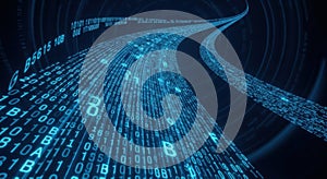 Abstract digital stream of glowing binary code flowing through darkness