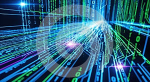 Abstract digital stream of glowing binary code with vibrant blue and green light trails