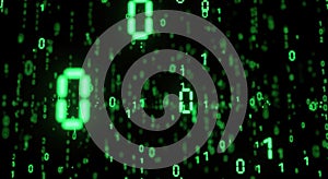 Abstract digital stream of glowing green binary code on a dark background