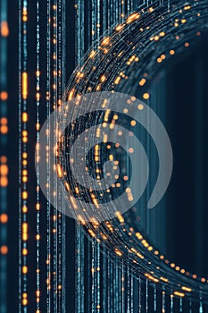 Abstract digital stream of glowing particles and binary code, representing financial technology growth and data flow.