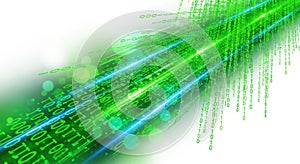 Abstract digital stream of green binary code and light streaks