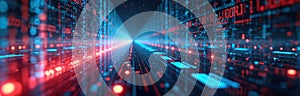 Abstract digital tech background. Programming code lines on computer screen. Binary data stream, software development, big data