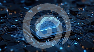 Abstract digital tech Cloud with circuit board components. AI data server concept. Big Data. Technology blue circuit board.