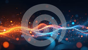 Abstract digital tech waves with flowing particles. Orange, blue colors. Data visualization, futuristic design, representing big