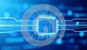 Abstract Digital Technology Background Blue CPU Microchip with Binary Code