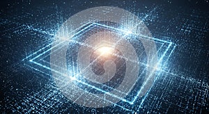 Abstract digital technology background with glowing cube and data streams in blue tones