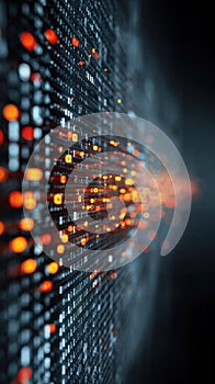 Abstract Digital Technology Background with Glowing Orange Binary Code Data Blocks and Matrix Information Stream Representing