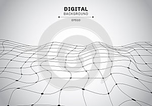 Abstract digital technology black wireframe polygonal landscape white background. Connected lines and dots futuristic